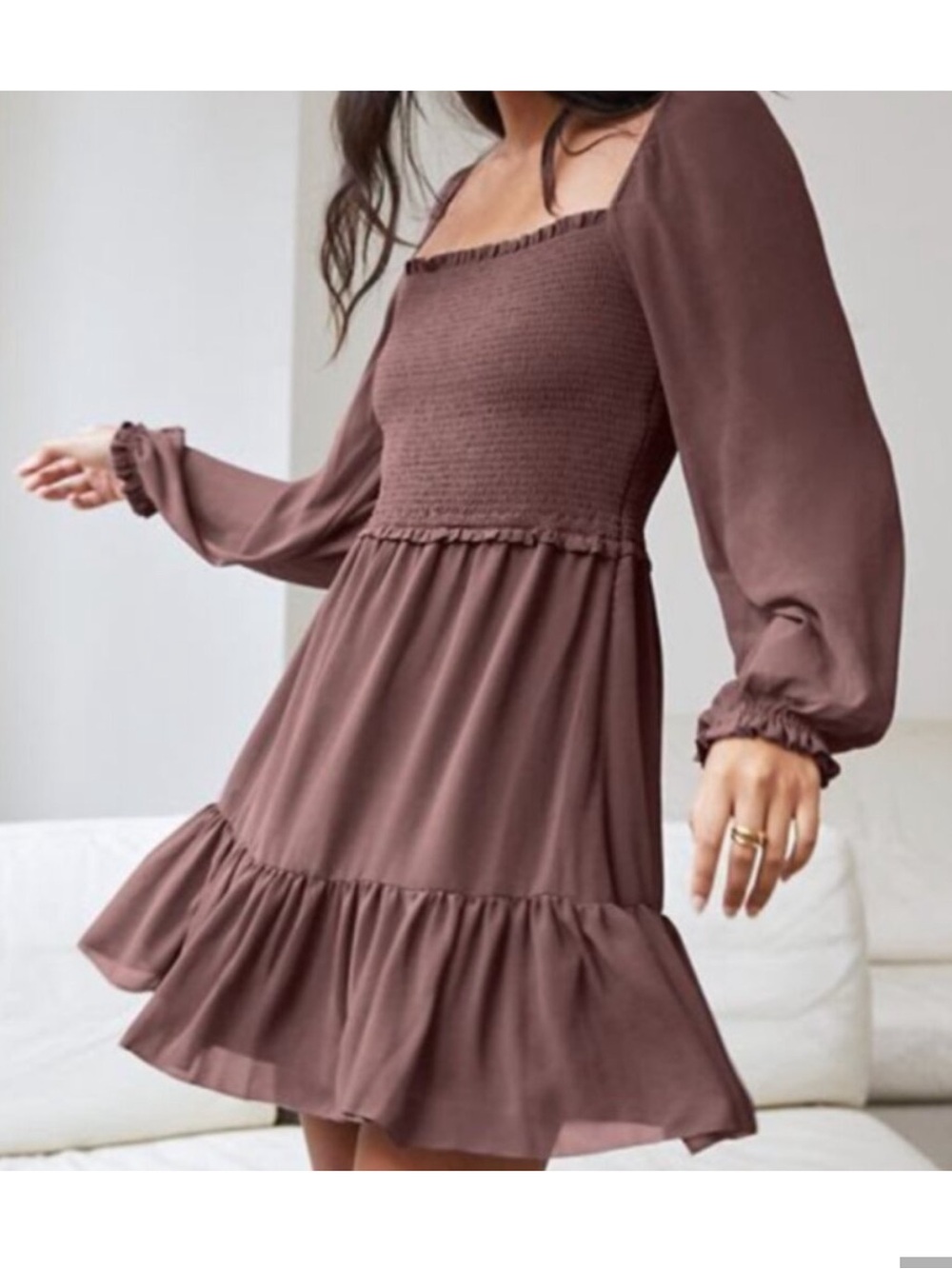 Wilfred Brown Smocked Square-Neck Long Sleeve Dress